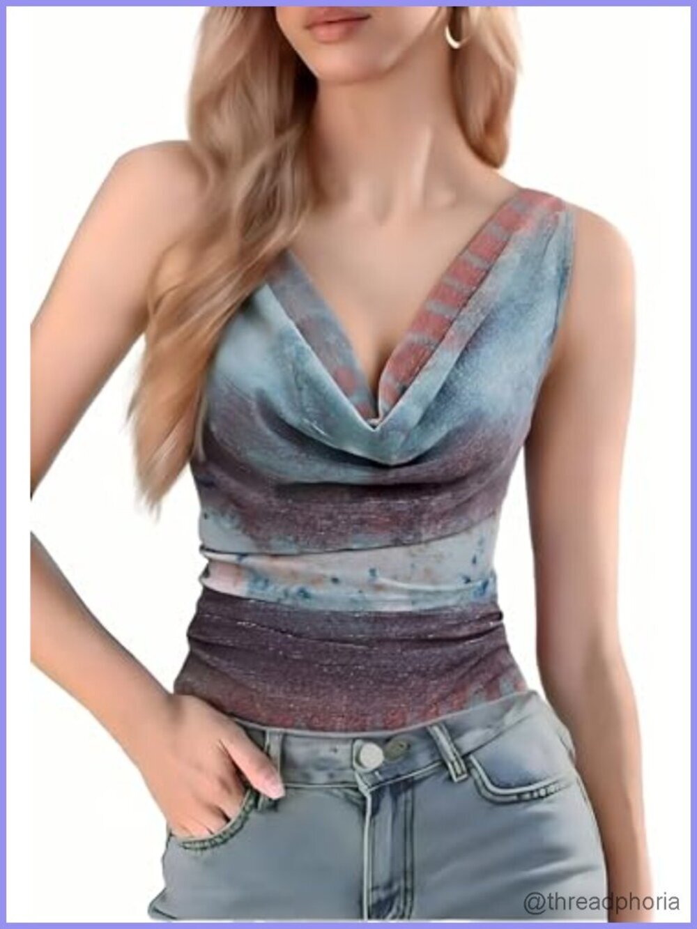 Women's Cowl Neck Sleeveless Tank Top Ruched Floral Print Summer